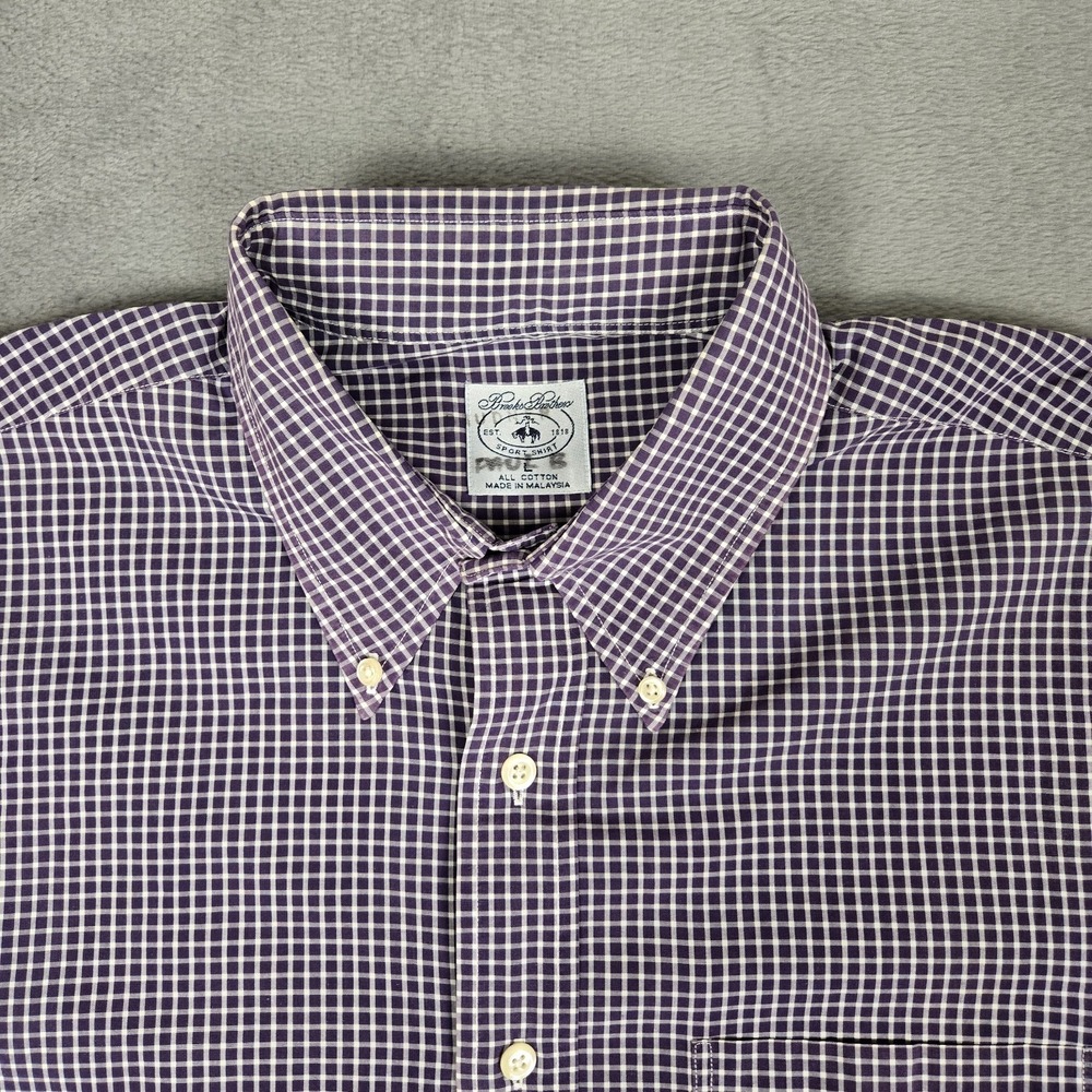 Brooks Brothers Sport Shirt Mens Large Purple Plaid Cotton Button Vintage